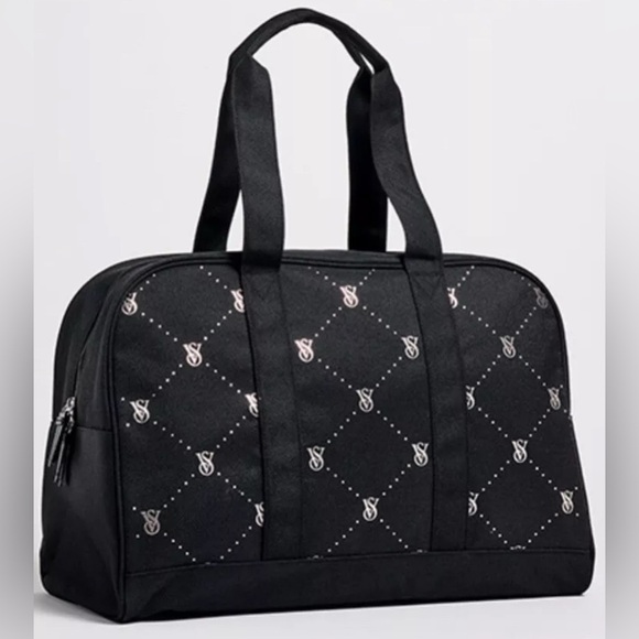 Victoria's Secret Weekender Large Black Tote Zip Duffle Bag VS Logo Rhinestones - Picture 1 of 5